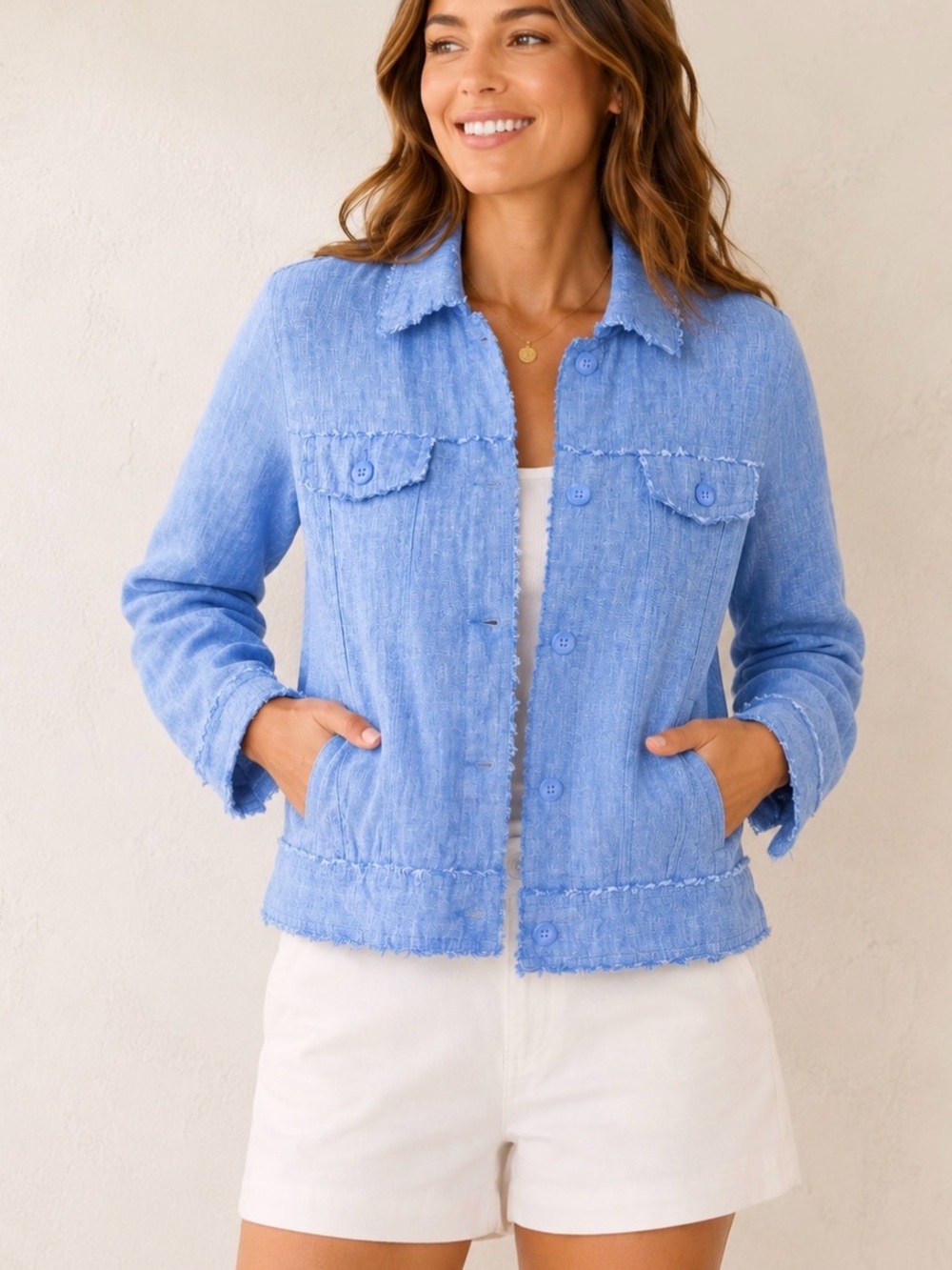 Tommy Bahama Two Palms Linen Button Up Jacket M Blue Pockets Raw Hem Classic Lux